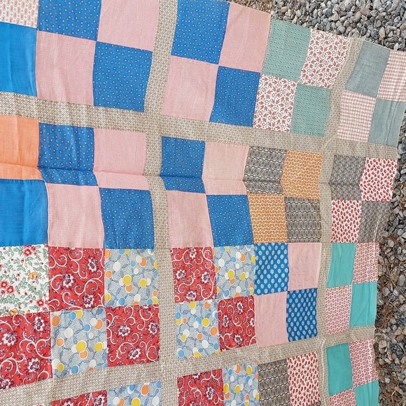 Handmade Vintage Patch Work Top With Vintage Material Squares - Picture 7 of 8